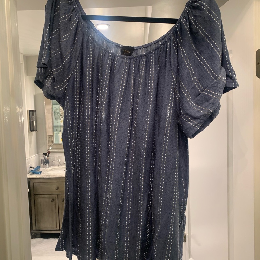 W5. Blue with white stitching elastic neck/off the shoulder top. Size XL.